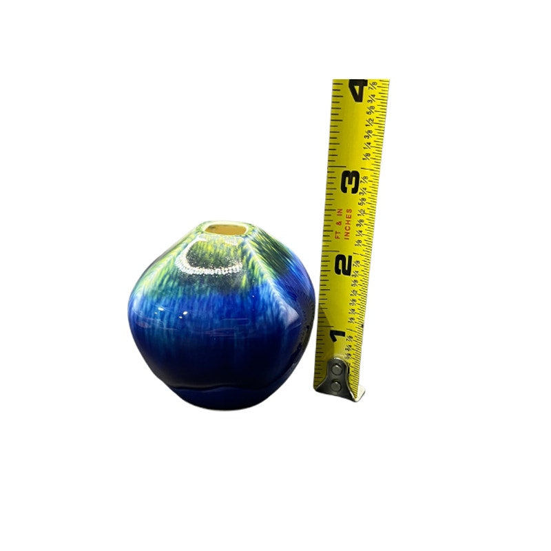 Miniature Japanese Ceramic Art Bud Vase Blue Green Drip Glaze