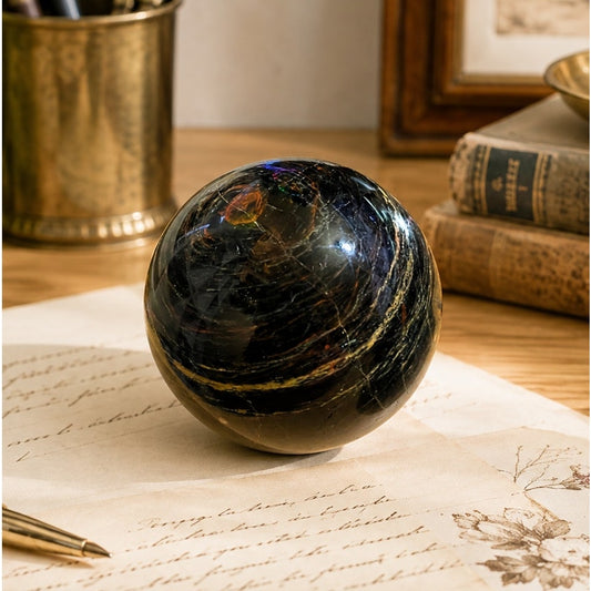 Black Moonstone Crystal Sphere 9" Circumference with Sphere Stand