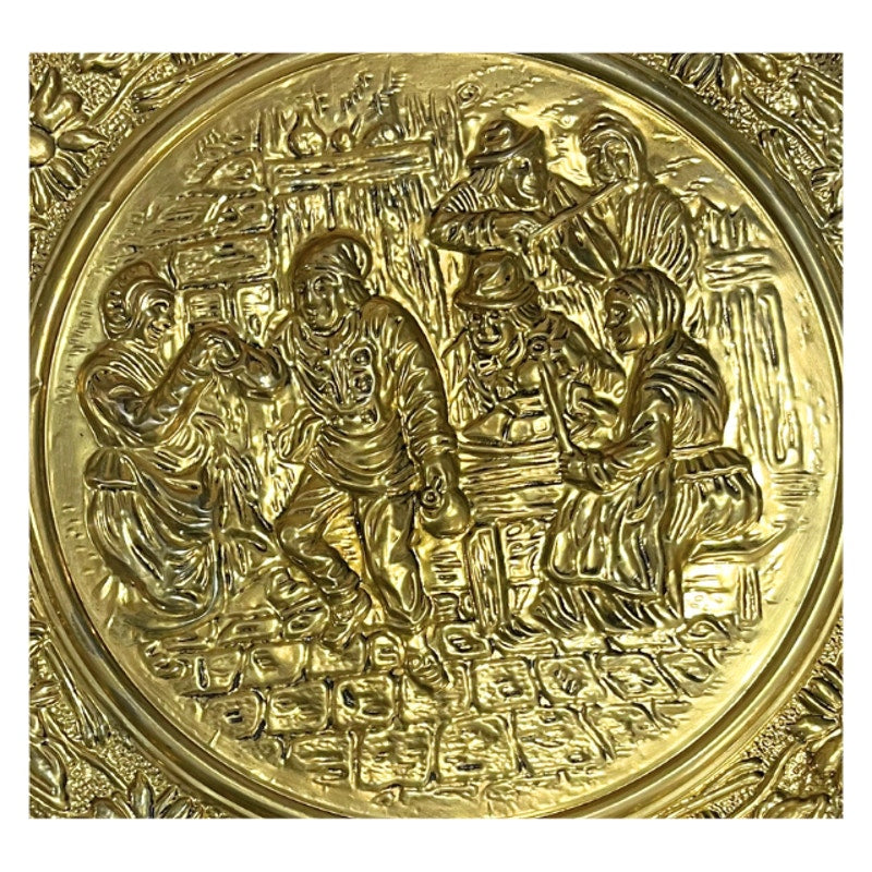 Vintage 1960s Embossed Brass Wall Plaque Tavern Pub Scene Holland