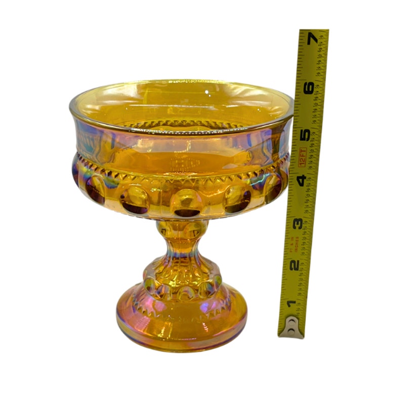 Vintage Indiana Glass Kings Crown Marigold Carnival Glass Pedestal Compote Dish