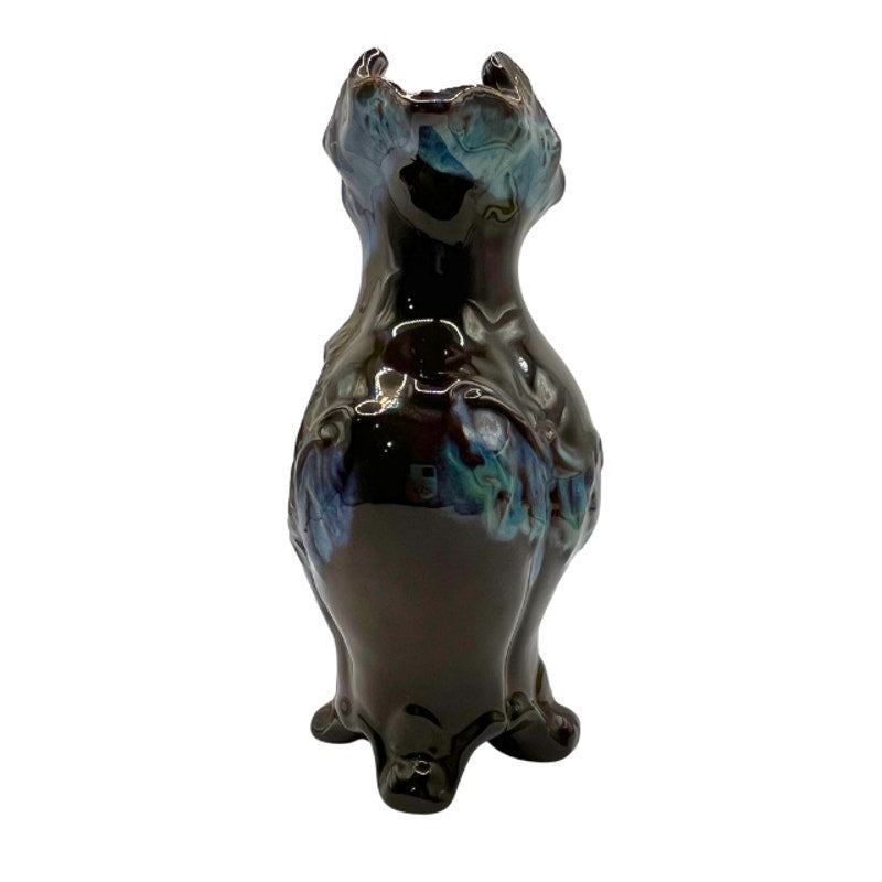 Vintage Art Pottery Pitcher Blue Brown Drip Glaze Heart Motif Ornate Footed Jug