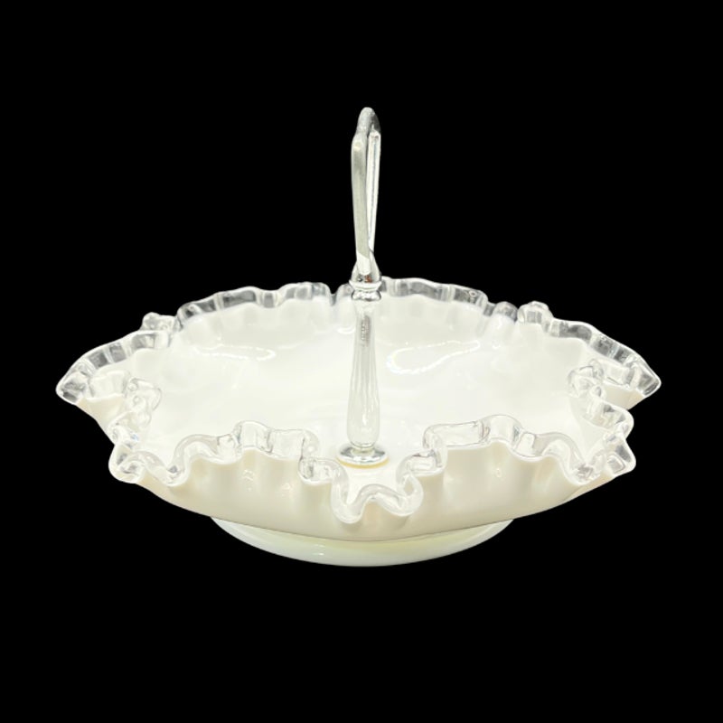 Fenton Silver Crest Milk Glass 8 Inch Handled Bonbon Dish Ruffled Edge
