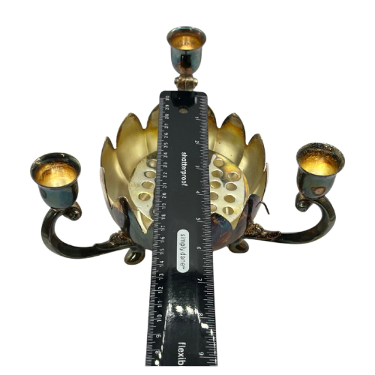 Vintage Hong Kong Silver Plate Lotus Flower Frog Candelabra Centerpiece Patina