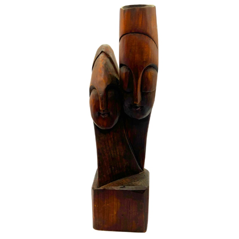 Vintage Hand Carved Wooden Sculpture Intertwined Embracing Figures Dark Wood
