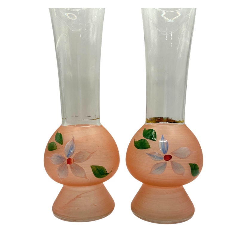 Vintage Bartlett Collins Frosted Pink Glass Vases Hand Painted Pair 9" MCM