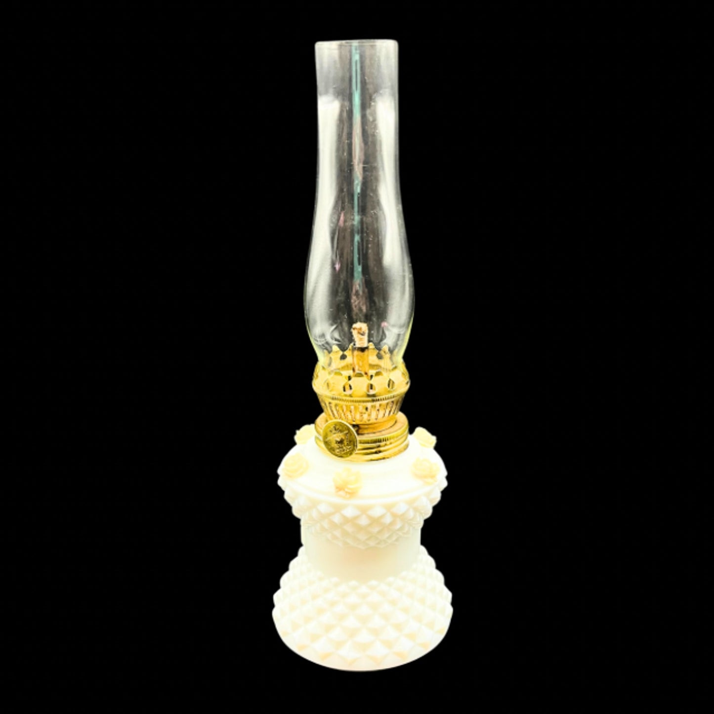 MCM Vintage Milk Glass Miniature Oil Lamp Diamond Point Rose Accent