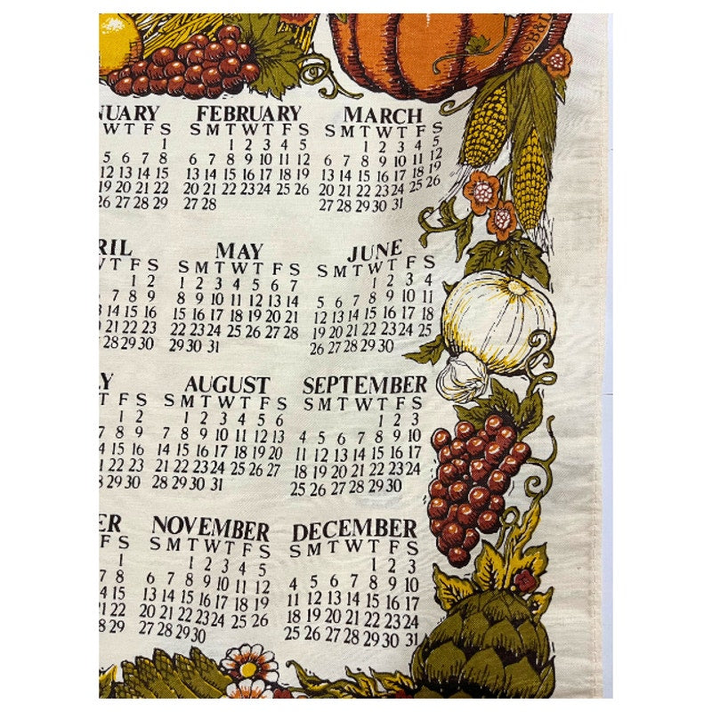 Vintage 1977 Harvest Calendar Tea Towel Fall Fruits Wall Hanging Linen