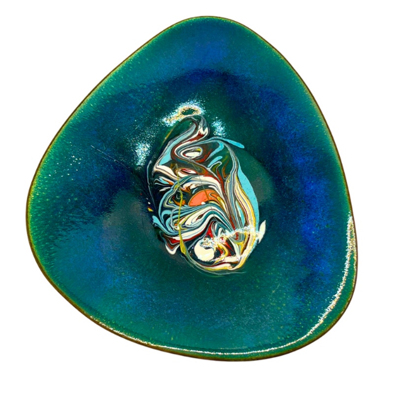 Vintage Enameled Copper Dish Turquoise Blue Abstract Marbled Trinket Bowl