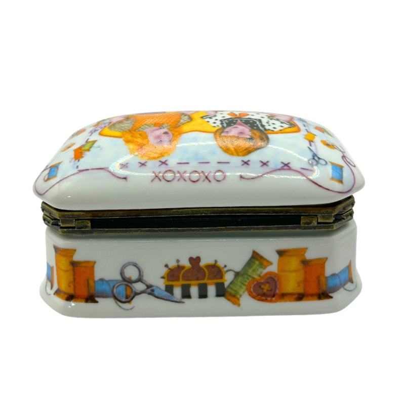 Vintage Imperial Porcelain Sewing Inspired Trinket Box Hinged