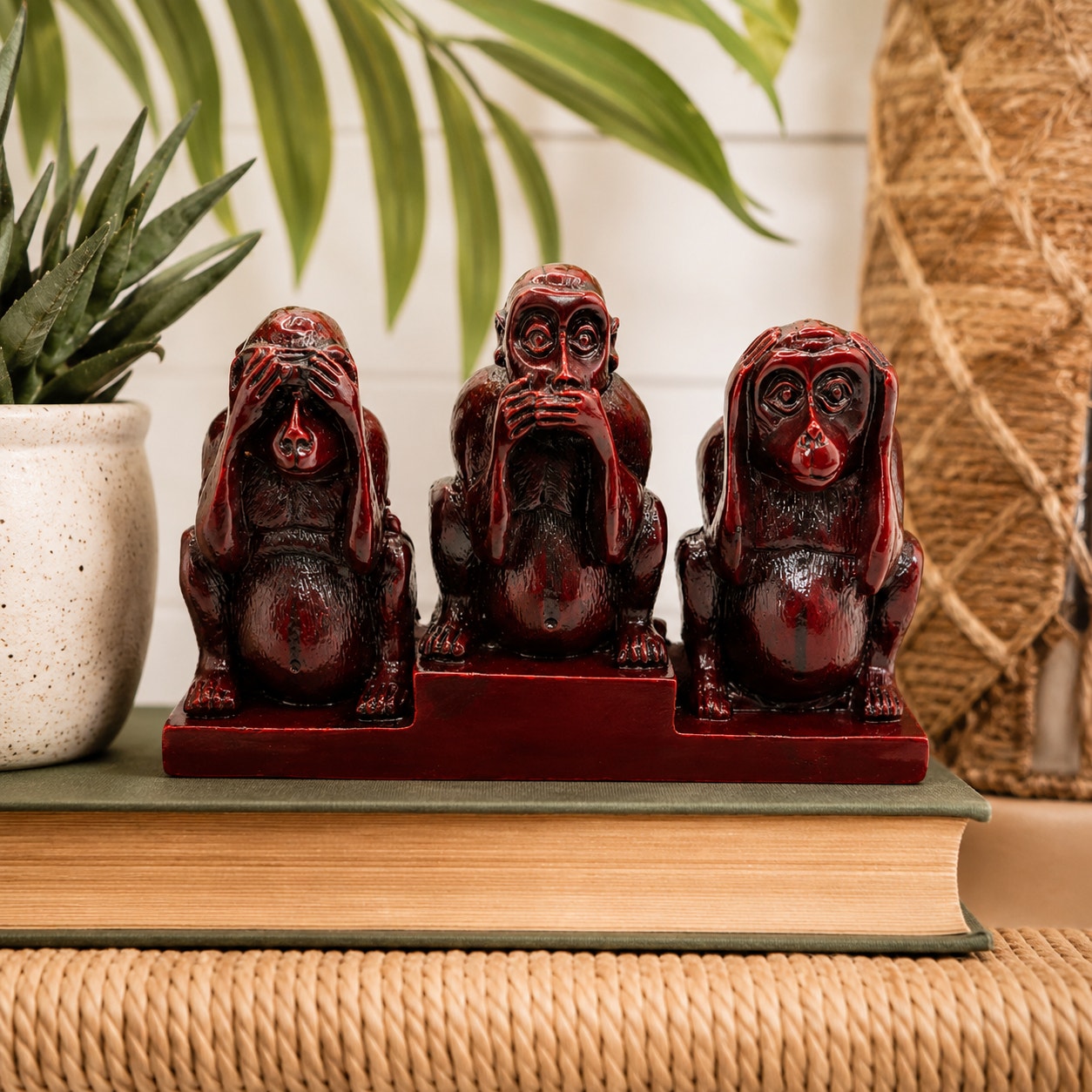 Vintage Chinese Wise Monkeys Carved Cinnabar Lacquer Figural Desk Piece Figurine