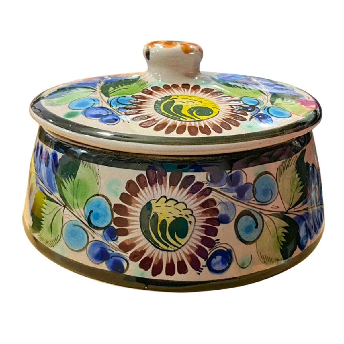 Vintage Tonala Mexican Pottery Bean Pot Hand Painted Talavera Floral Blue