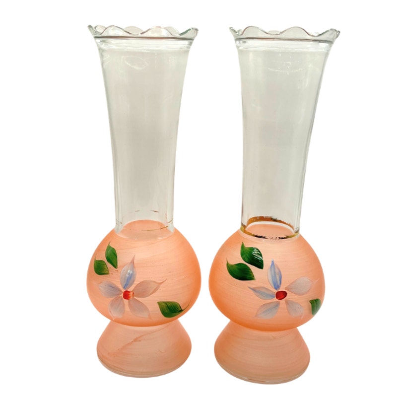 Vintage Bartlett Collins Frosted Pink Glass Vases Hand Painted Pair 9" MCM