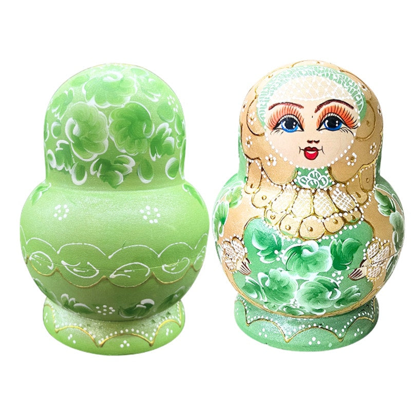 Vintage Russian Nesting Dolls 10 Piece Hand Painted Floral Matryoshka Wood