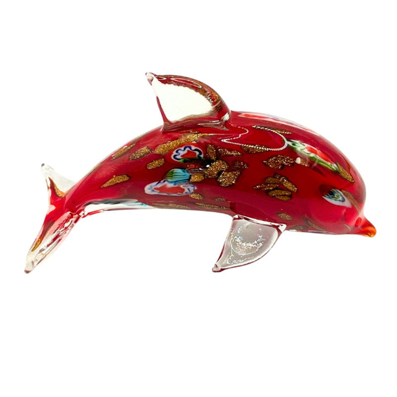 Murano Style Red Aventurine Dolphin Sculpture Blown Art Glass with Millefiori