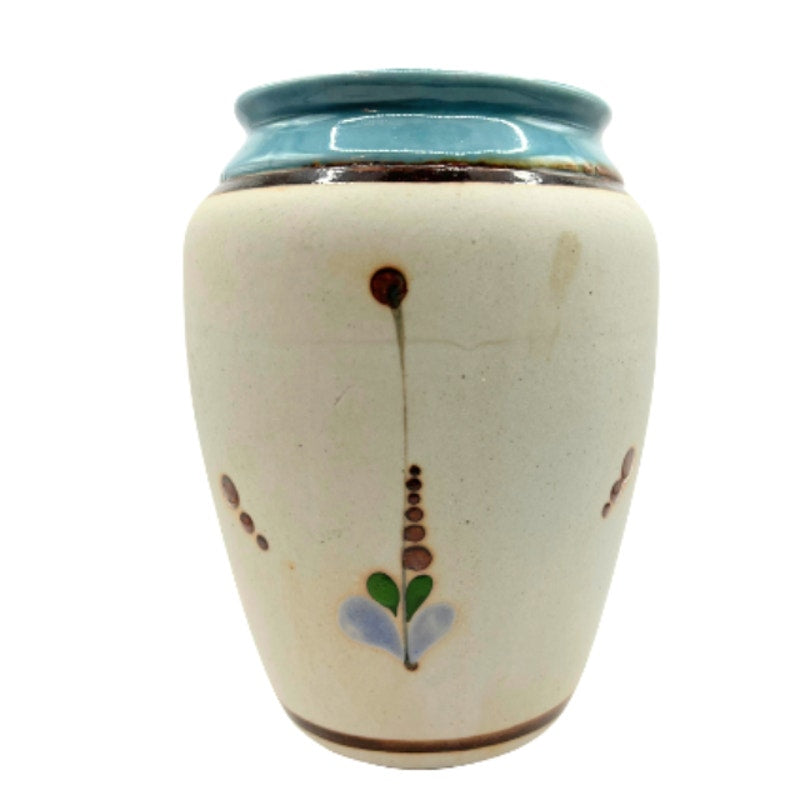 Vintage Mexican Tonala Folk Art Pottery Vase Heron & Cattail Handpainted 6.5in34.