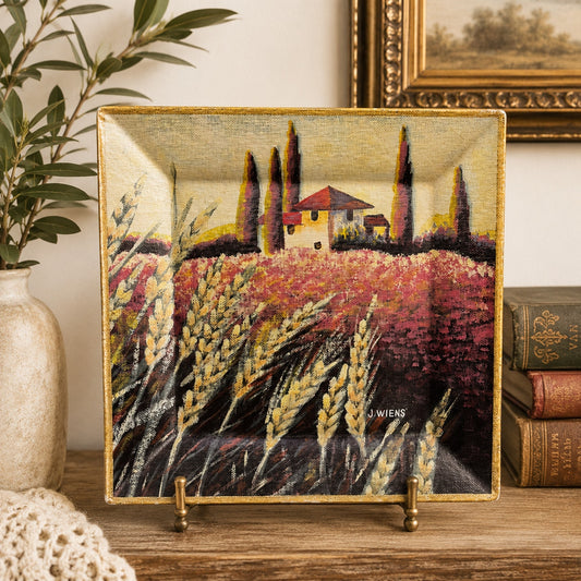 "Tuscan Fields" By J. Wiens  Hand Painted Signed Tam San Designs Beveled 10" by 10" Plate