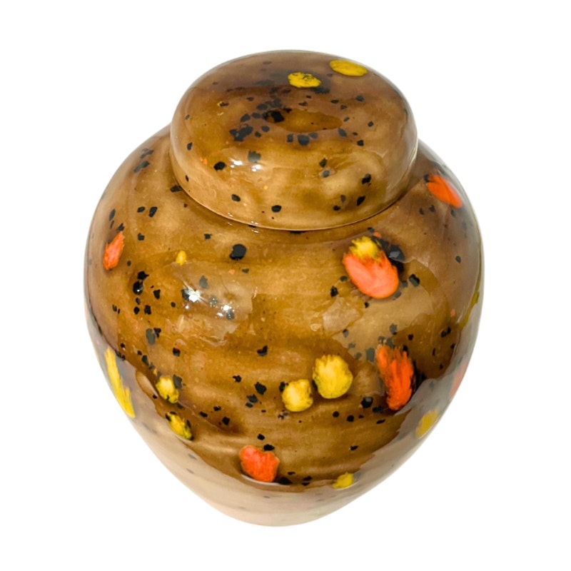 Vintage 70s Studio Pottery Lidded Jar Brown Speckled Glaze Orange Yellow Accents