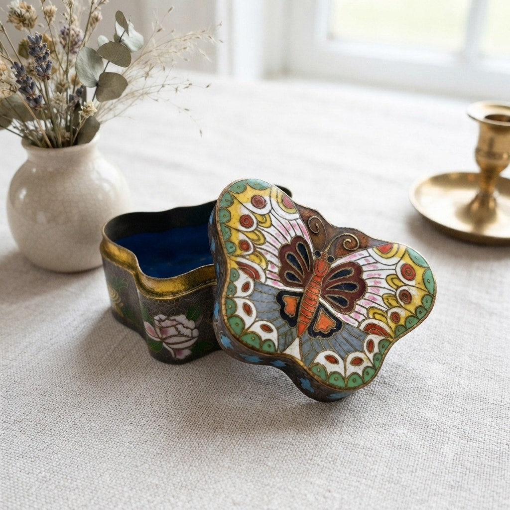 Vintage Chinese Cloisonne Enamel Butterfly Trinket Pill Box