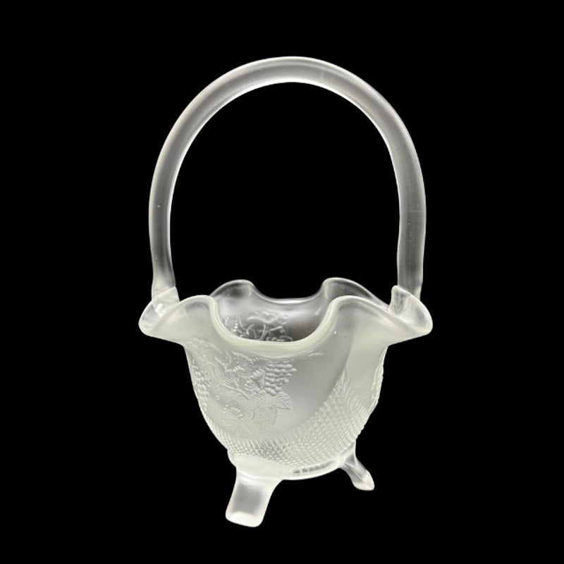 Vintage Fenton Frosted Satin Glass Grape Vine Footed Basket Handle