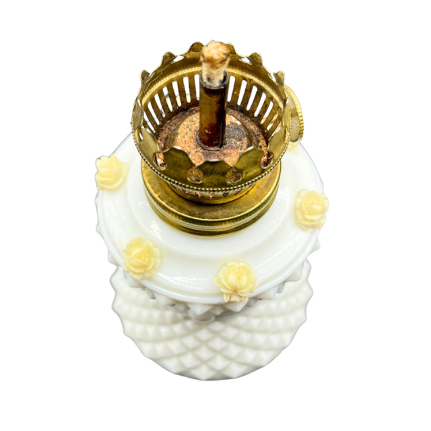 MCM Vintage Milk Glass Miniature Oil Lamp Diamond Point Rose Accent