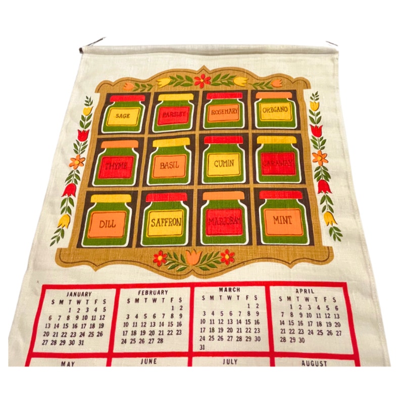 Vintage 1974 Spice Rack Calendar Tea Towel Herb Kitchen Wall Hanging Linen
