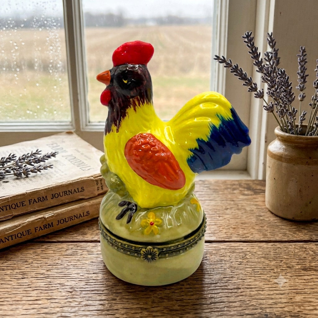 Vintage Nationalfun Rooster Hinged Ring Trinket Box Hand Painted 3 3/4"