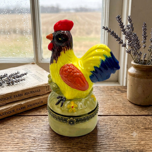 Vintage Nationalfun Rooster Hinged Ring Trinket Box Hand Painted 3 3/4"