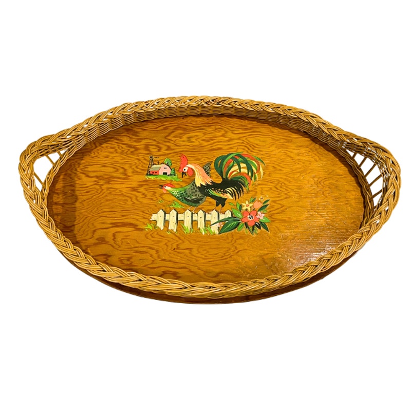 Vintage Oval Wooden Serving Tray Wicker Border Folk Art Rooster Farmhouse