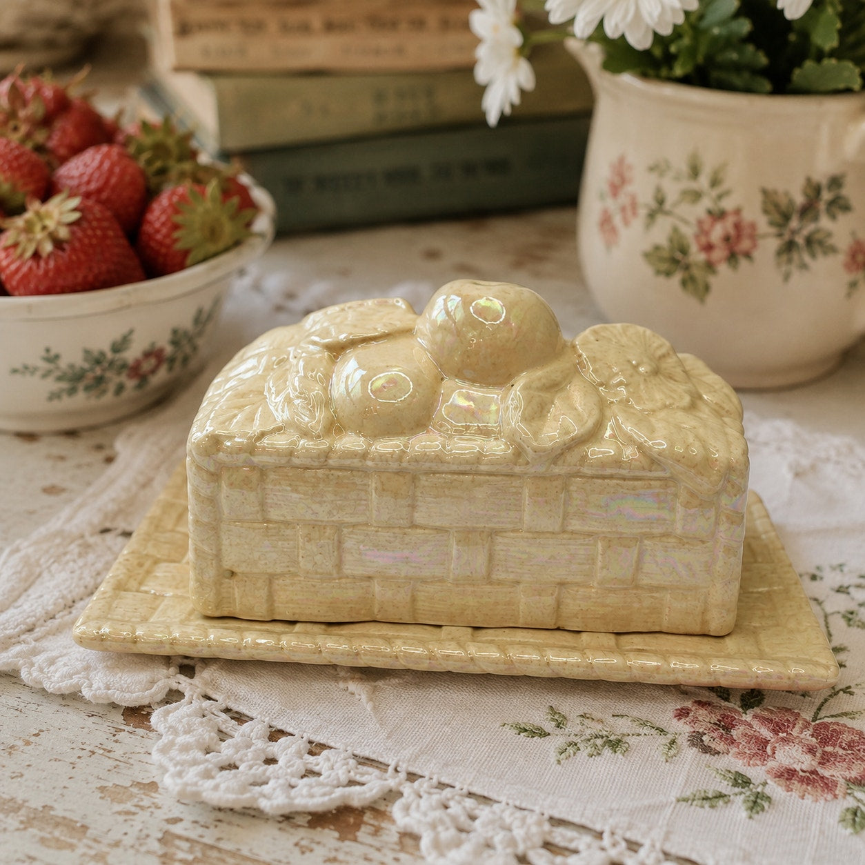 Vintage Ceramic Butter Dish Basket Weave Fruit and Floral Iridescent