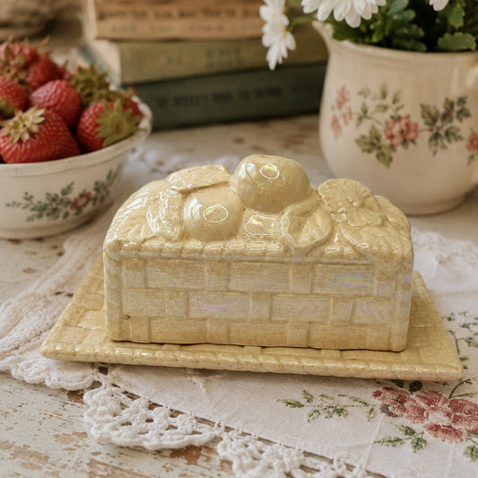 Vintage Ceramic Butter Dish Basket Weave Fruit and Floral Iridescent