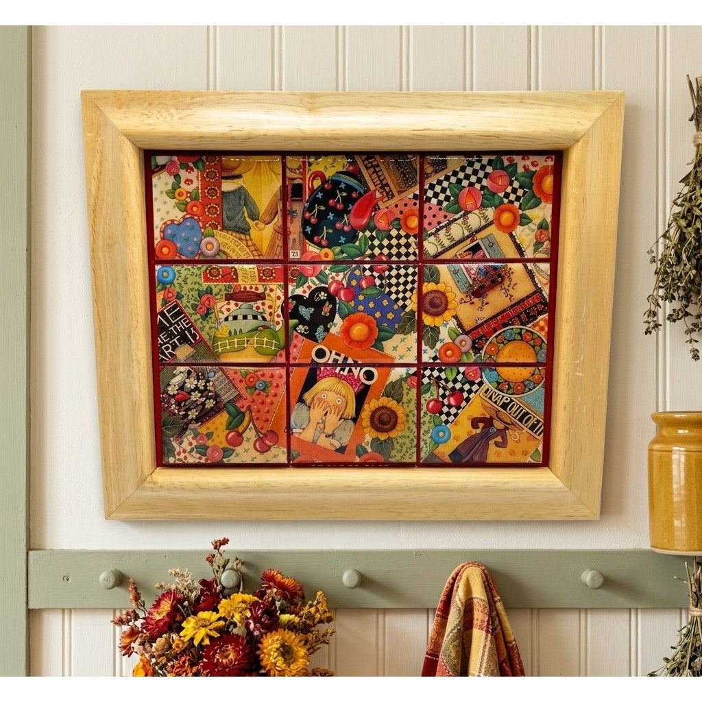 Vintage Mary Engelbreit Framed Lacquered Tile Plaque Wall Art Patchwork 12x10