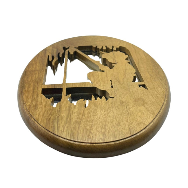 Vintage Handcrafted Wooden Scroll Saw Wall Mirror Plaque Boy Fishing