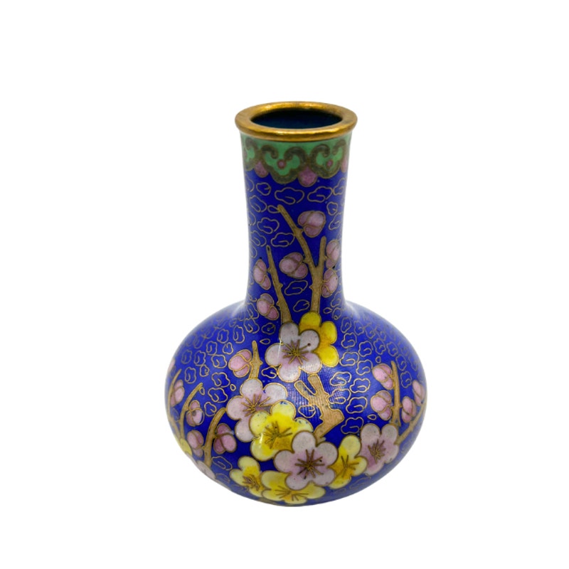 Vintage Cloisonne Miniature Vase Cobalt Blue Floral Bud Vase