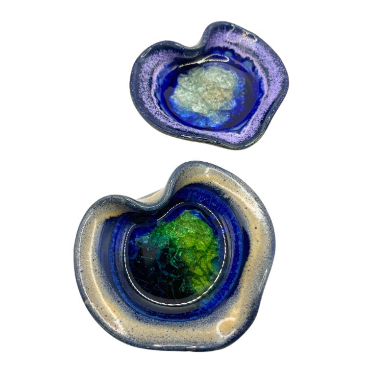 Vintage Down to Earth Heart Shaped Ceramic Melted Glass Dishes Set of 2 USA