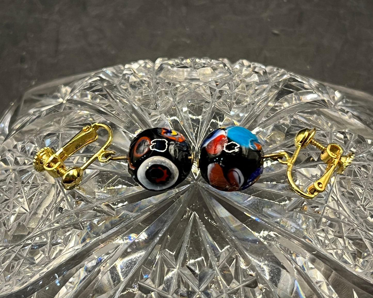 Vintage Millefiori Art Glass ClipOn Earrings