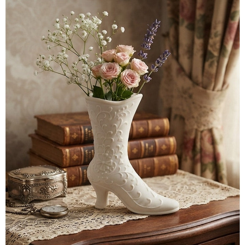 Vintage Bisque Ceramic Victorian Shoe Boot Figurine Bud Vase Japan PR-27C