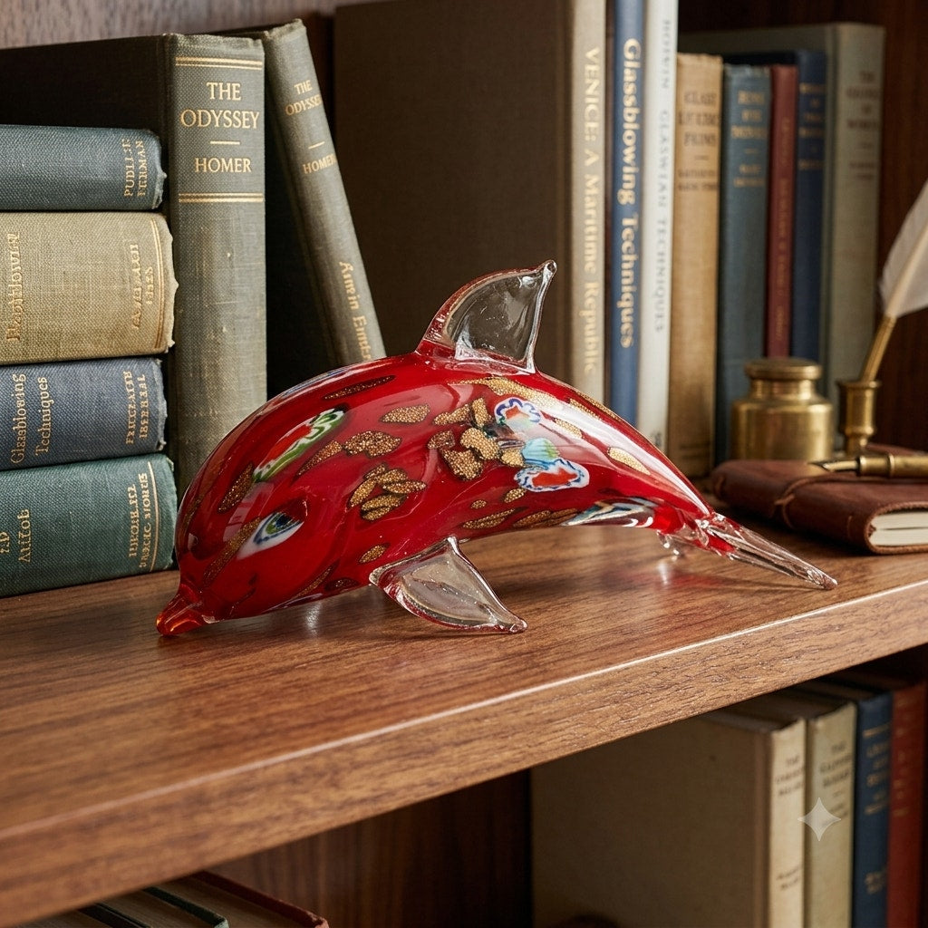Murano Style Red Aventurine Dolphin Sculpture Blown Art Glass with Millefiori