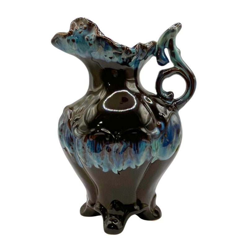 Vintage Art Pottery Pitcher Blue Brown Drip Glaze Heart Motif Ornate Footed Jug