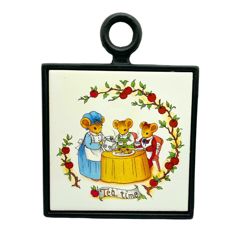 Vintage Tea Time Ceramic Tile Cast Iron Trivet by Studio Nova