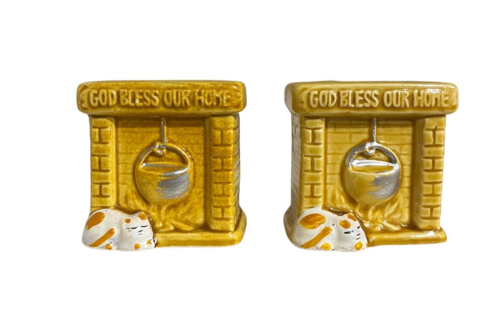 "God Bless Our Home" Resting Cat  by Fireplace Salt and Pepper Shakers