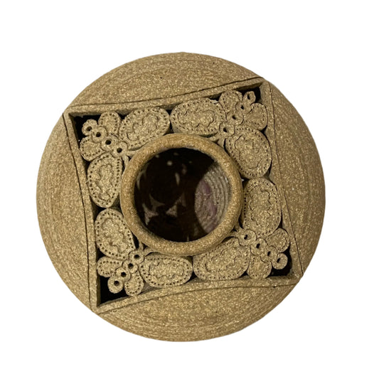 Handmade Round Sandstone Pottery Butterfly Lace Cutout Candle Holder Signed