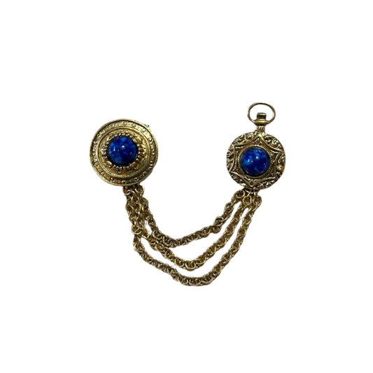 * 4" Vintage Triple Swag Collar Brooch, Double Brooch Pin Gold Tone Blue Stone