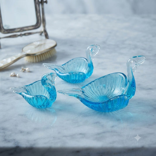 Vintage Blown Glass Nesting Swans Set Blue Turquoise Art Glass Figurines w/ Glow
