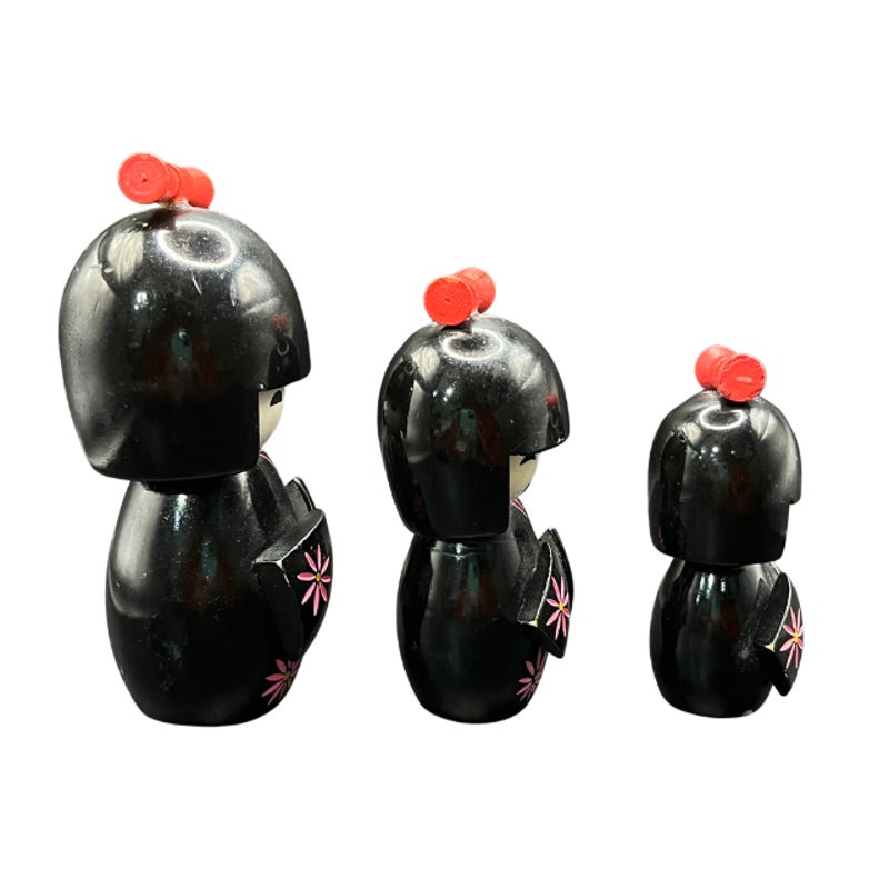 Vintage Japanese Kokeshi Dolls Set Hand Painted Black Kimonos Pink Floral