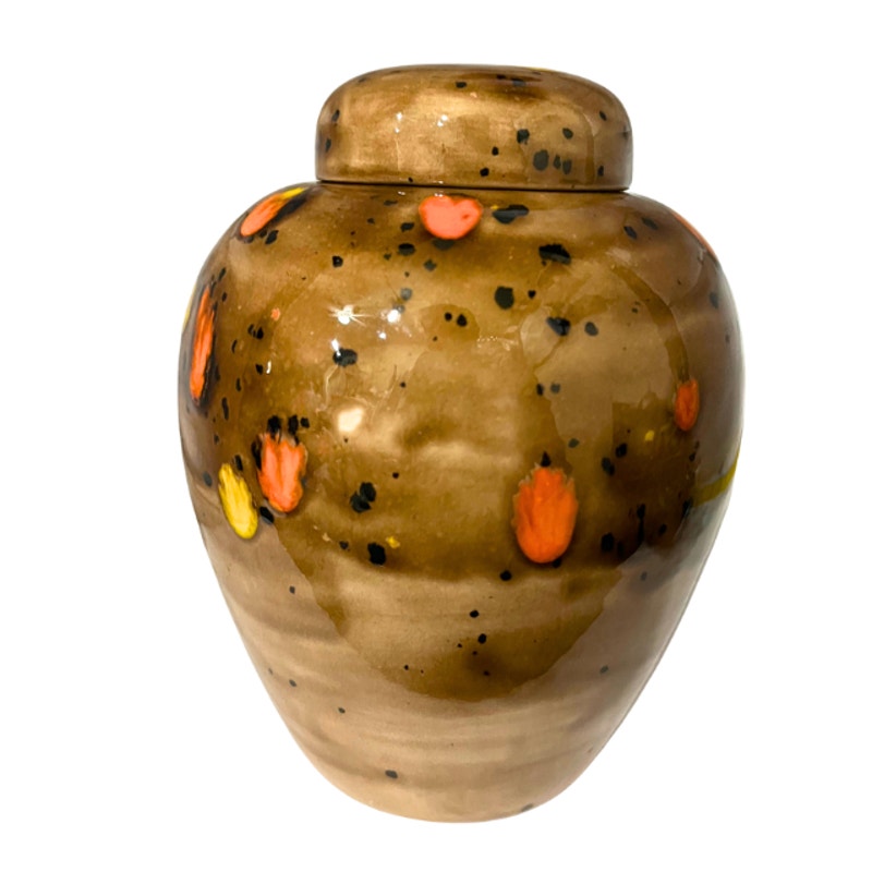 Vintage 70s Studio Pottery Lidded Jar Brown Speckled Glaze Orange Yellow Accents