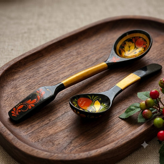 Vintage Russian Stpgoods Khokhloma Wooden Spoons Hand Painted Black  Lacquer Gold Berry Design