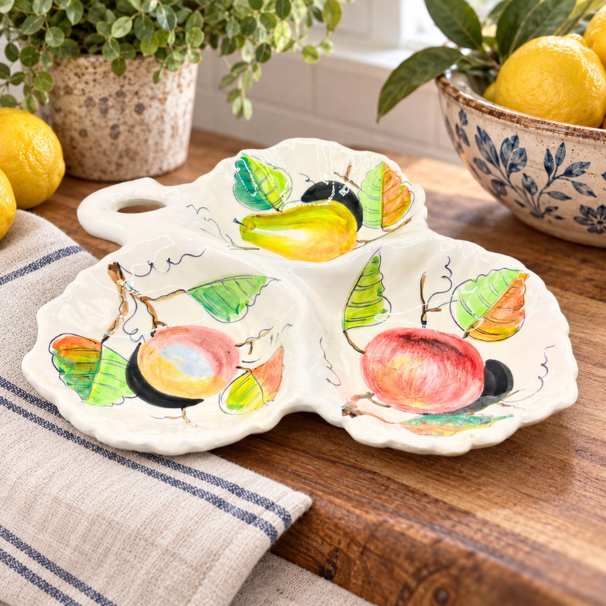 Vintage Italian Ceramic Divided Serving Dish Fruit Motif Hand Painted