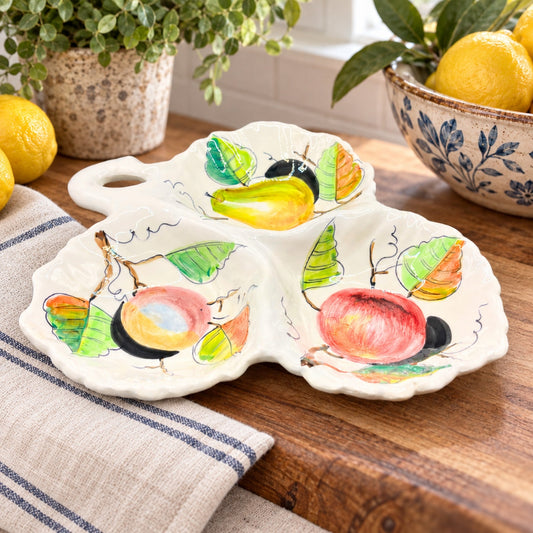 Vintage Italian Ceramic Divided Serving Dish Fruit Motif Hand Painted