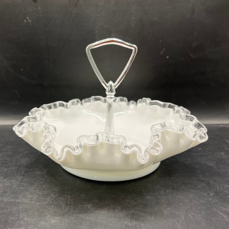 Fenton Silver Crest Milk Glass 8 Inch Handled Bonbon Dish Ruffled Edge