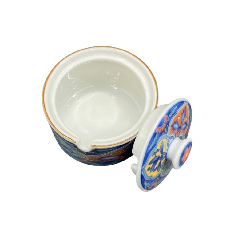Vintage Chinese Porcelain Floral Mustard Pot Lid Wooden Spoon and Box